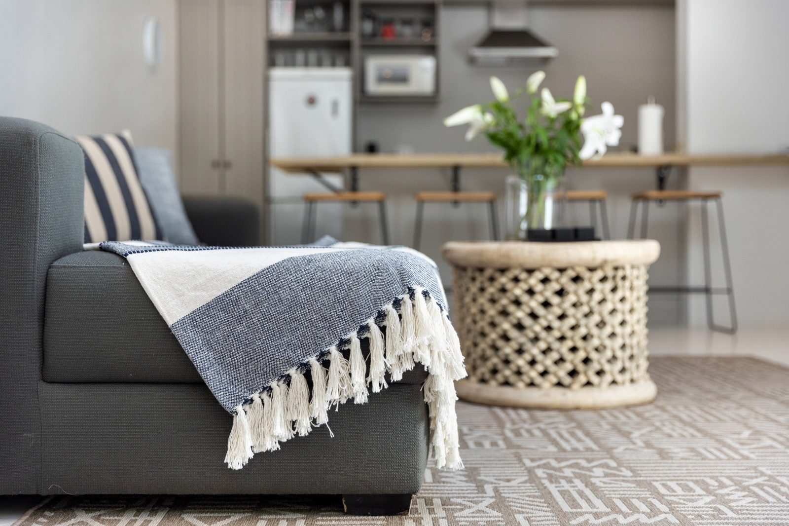 Living room detail with a sofa and throw